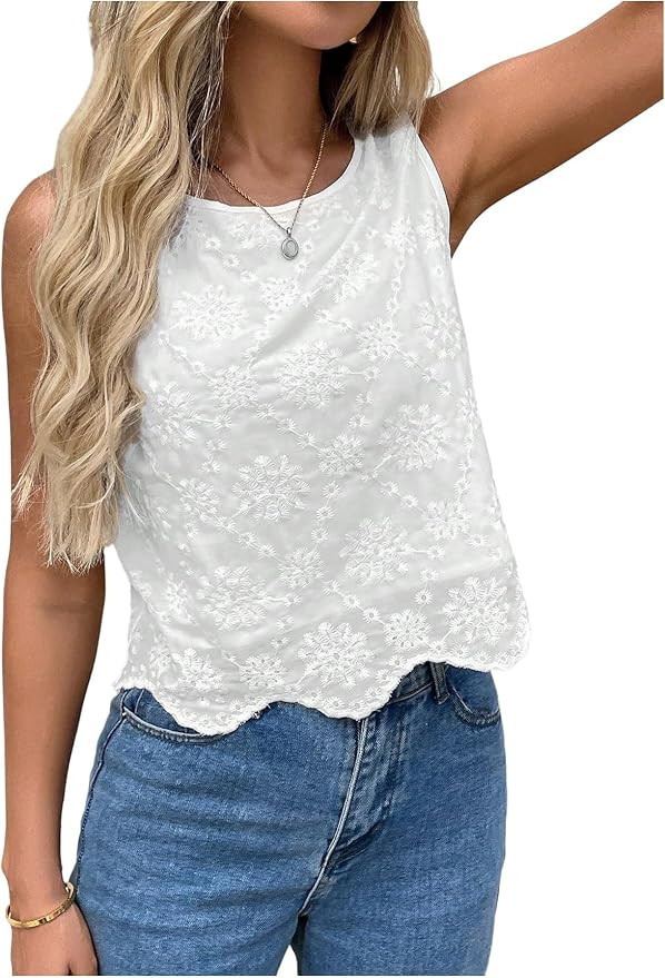 SHENHE Women's Summer Sleeveless Embroidered Dressy Casual Blouse Scalloped Going Out Top | Amazon (US)