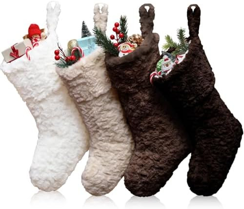 4 Pcs 18 Inch Neutral Personalized Christmas Stockings Bulk with Name Tags, Large Plush Rustic Fa... | Amazon (US)