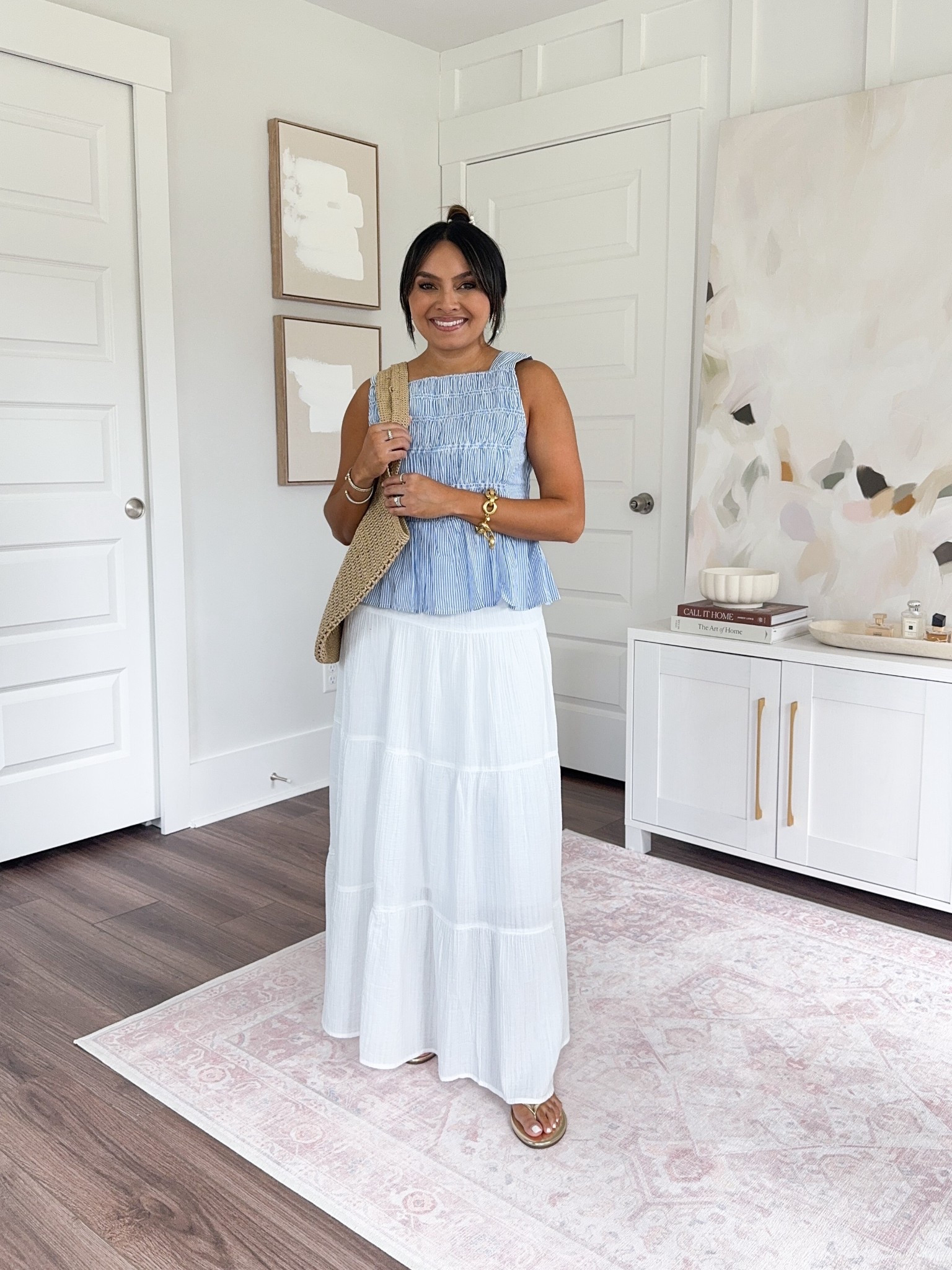 Blue peplum top size 00 TTS
White maxi skirt size - xs TTS 
Gold flip flops size 6 - fits like a 5.5


#LTKStyleTip #LTKSaleAlert #LTKPetite