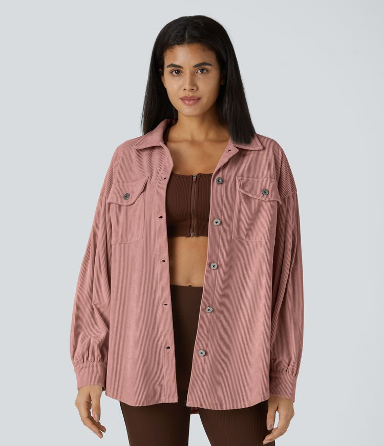 Women’s Collared Button Pocket Long sleeve Curved Hem Corduroy Casual Jacket - Halara | HALARA