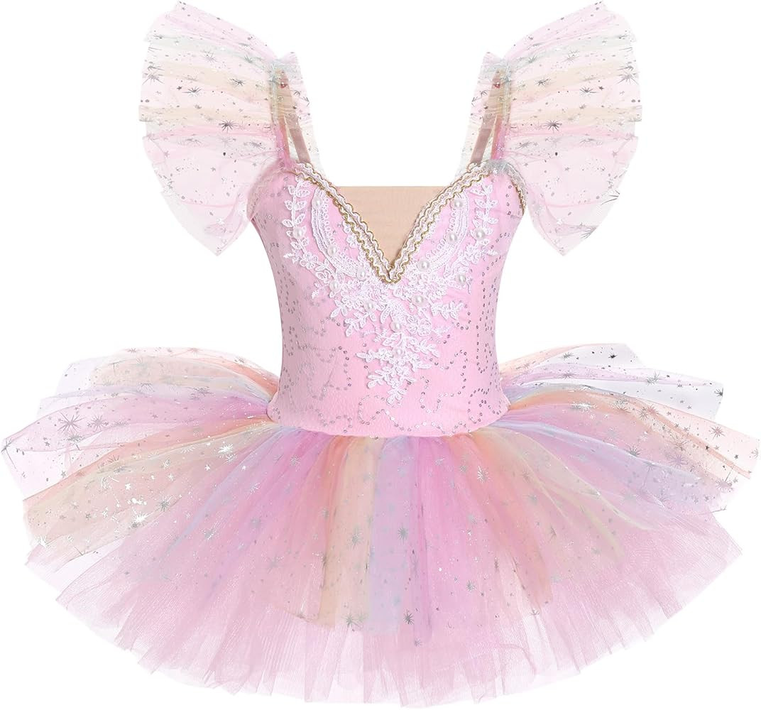 IBAKOM Ballerina Swan Lake Costume Dance Pancake Platter Tutu Ruffle Sleeve Floral Print Gymnasti... | Amazon (US)