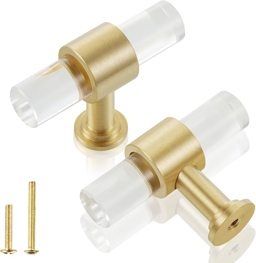 QOGRISUN 5-Pack Acrylic Cabinet Knobs with Brass Base,Gold Modern Drawer Euro Style T Bar Handles... | Amazon (US)