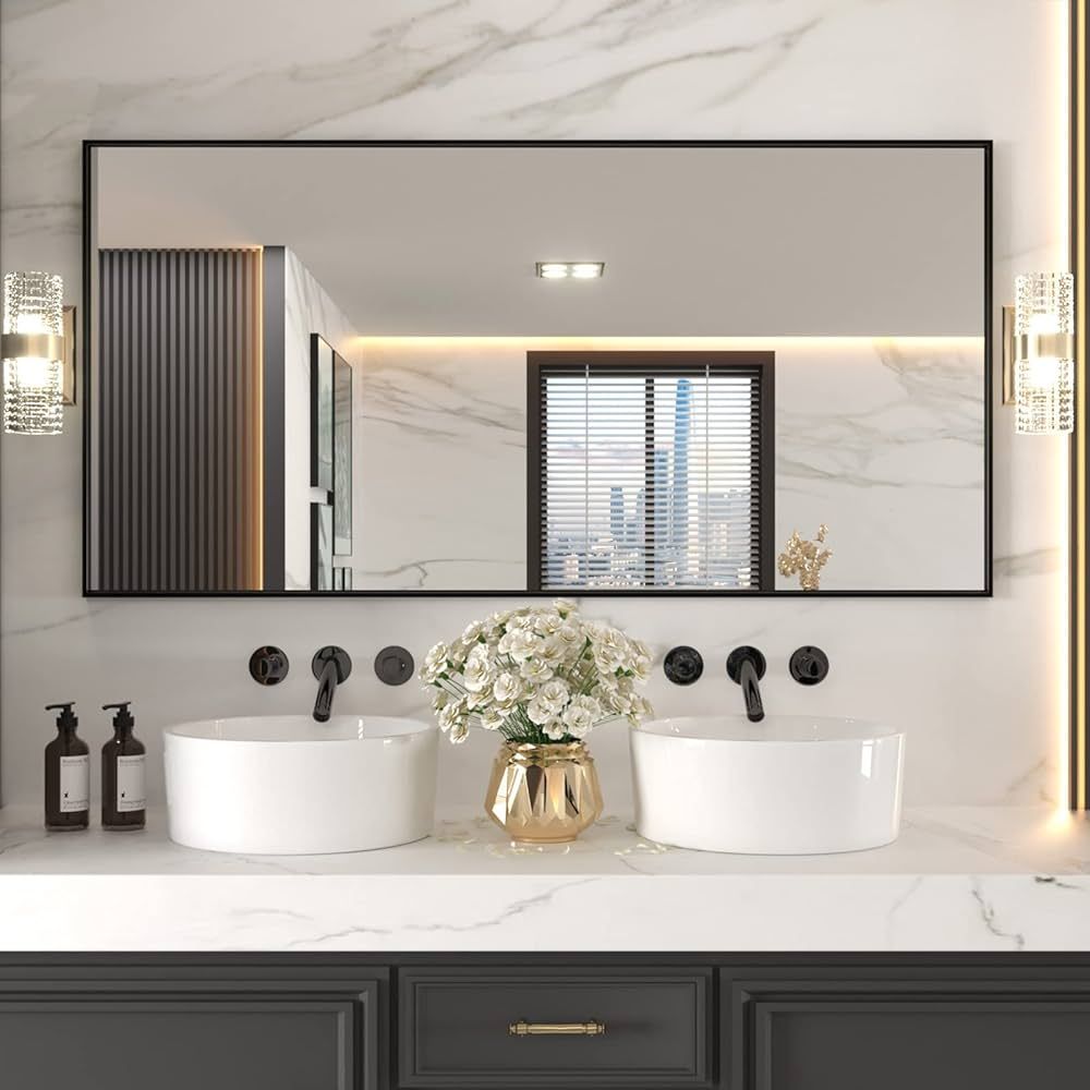 LOAAO 72"X36" Black Rectangle Bathroom Mirror Wall, Matte Black Aluminum Alloy Frame, Tempered Gl... | Amazon (US)