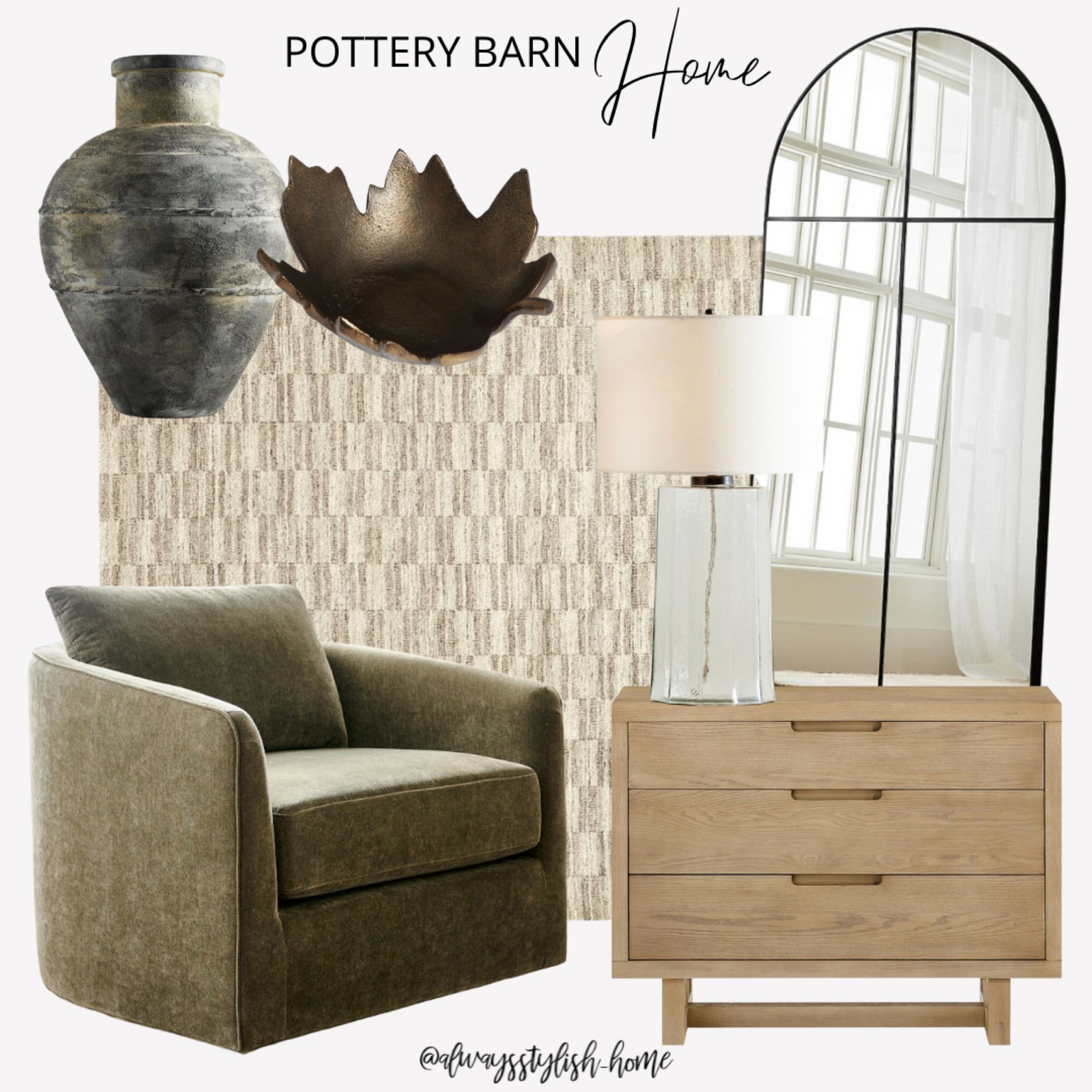 Pottery barn home decor, living room inspo, green accent chair, black terracotta vase, neutral area rug, leaf bowl, arch top mirror, wood side table, nightstand, modern organic, glass table lamp, fall decor

#LTKhome