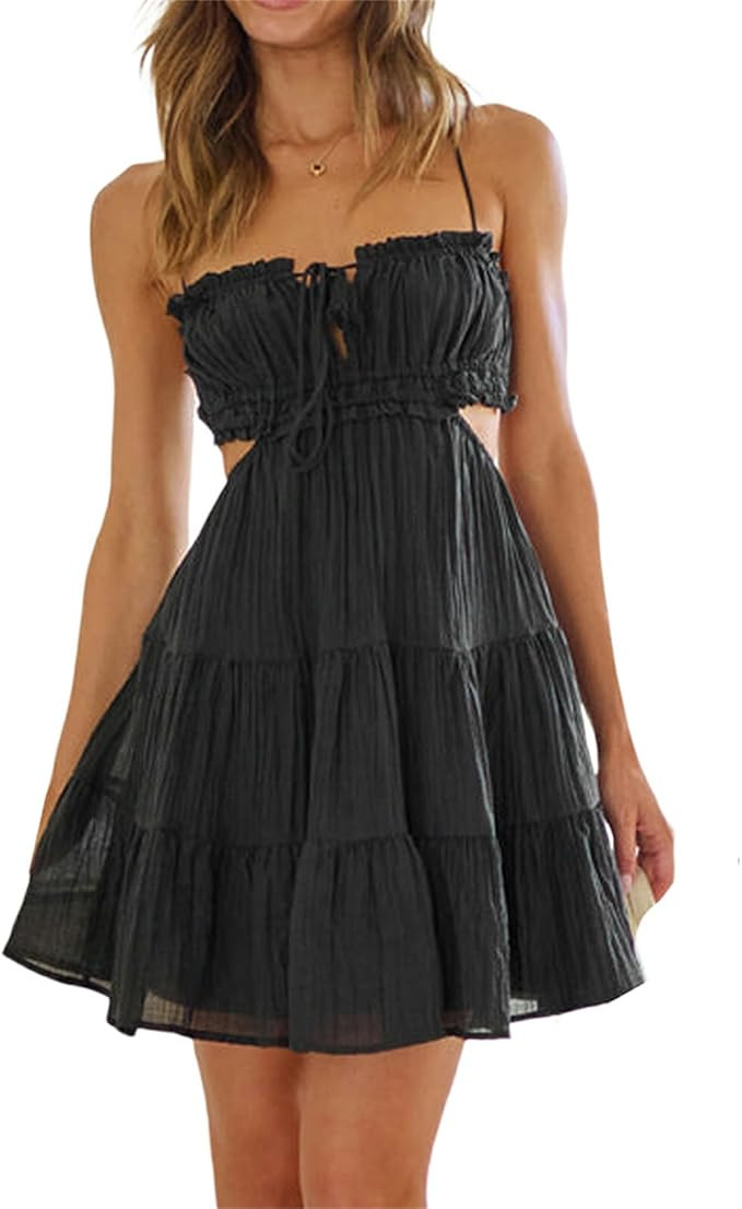 Yuemengxuan Women 2023 Summer Mini Dresses Strap Cutout Boho Mini Dress A-Line Flowy Swing Dress ... | Amazon (US)