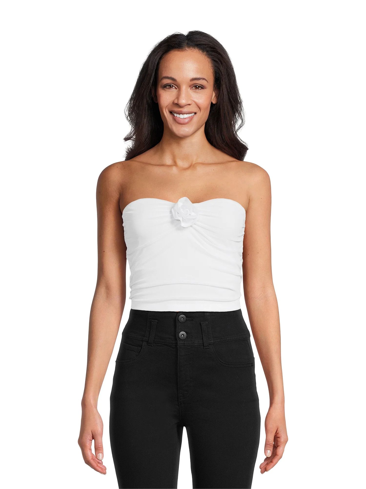 No Boundaries Juniors’ Ruched Tube Top with Rosette, Sizes XS-XXXL | Walmart (US)
