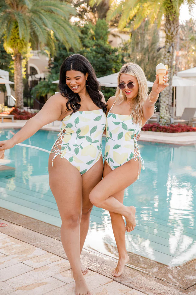 Full Of Life Lemons Square Neck Side Tie Swimsuit | The Pink Lily Boutique
