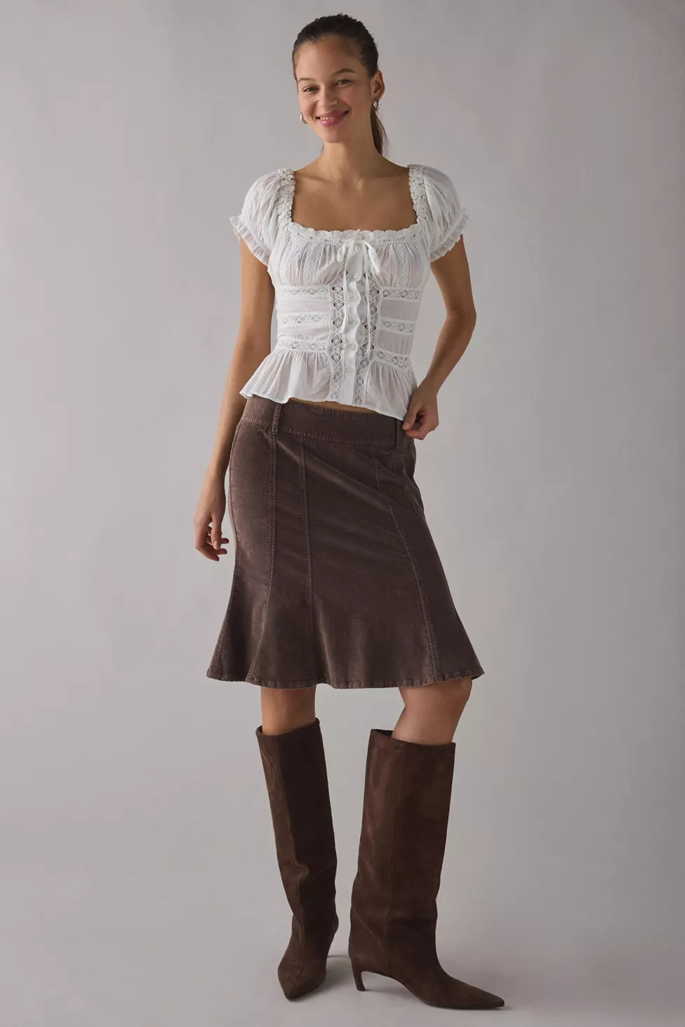 Kimchi Blue Nora Lace Trim Puff Sleeve Button-Up Blouse | Urban Outfitters (US and RoW)
