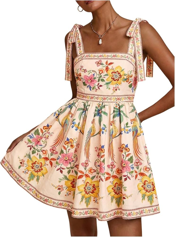 Floerns Women's Floral Tie Shoulder Boho Dress Sleeveless Smocked Ruffle Summer Mini Dresses | Amazon (US)