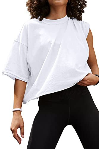 HUGOOME Womens Oversized Workout Crop Top Casual Short Sleeve Boxy Roll Hem | Amazon (US)