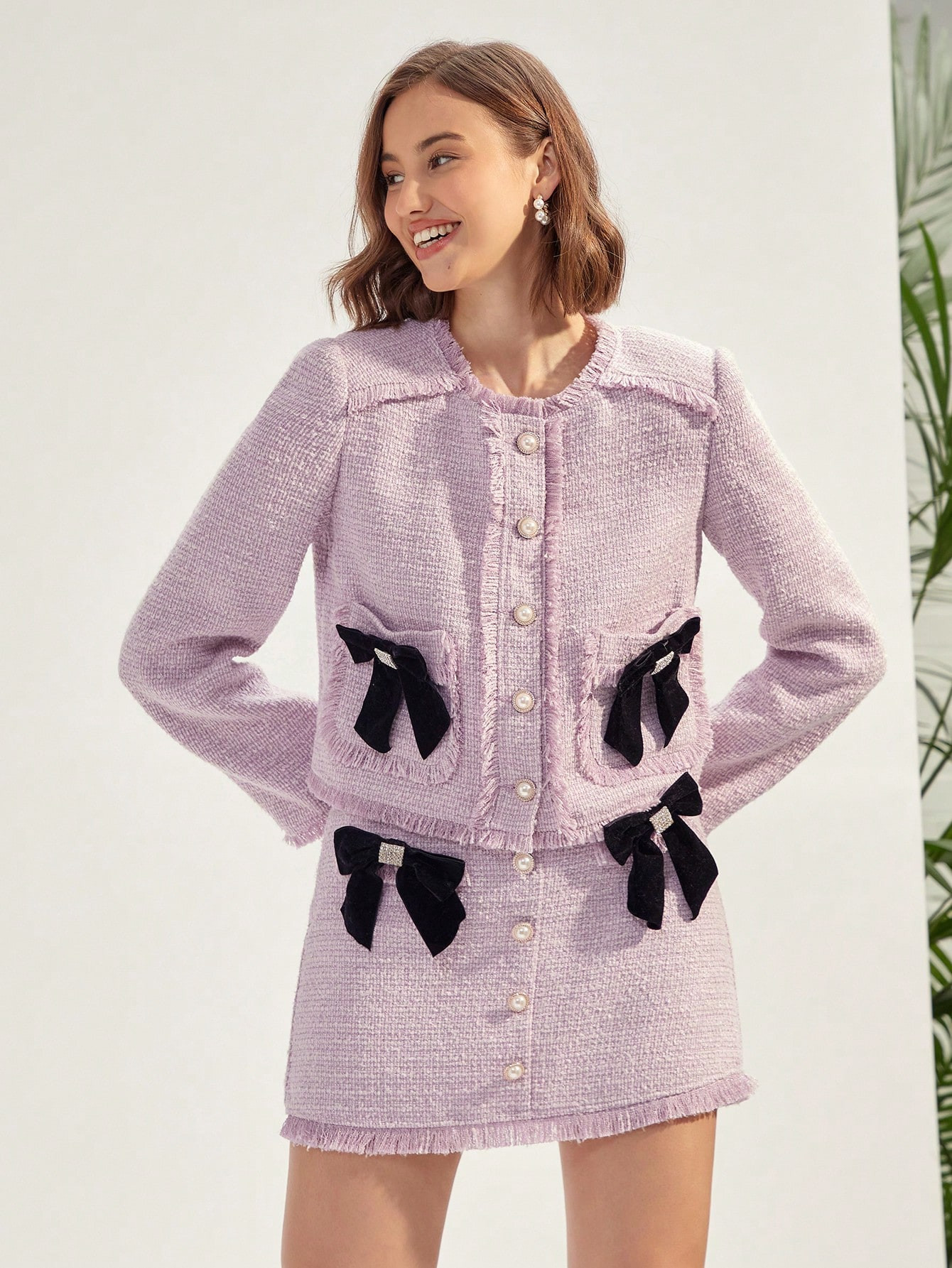 Bow Front Raw Trim Tweed Overcoat | SHEIN