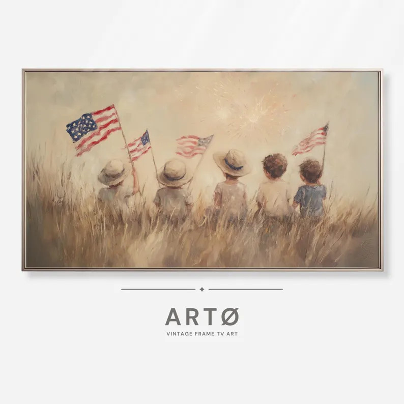 4th of July Children with American Flags Samsung Frame TV Art, Independence Day Vintage Screensav... | Etsy (Global)
