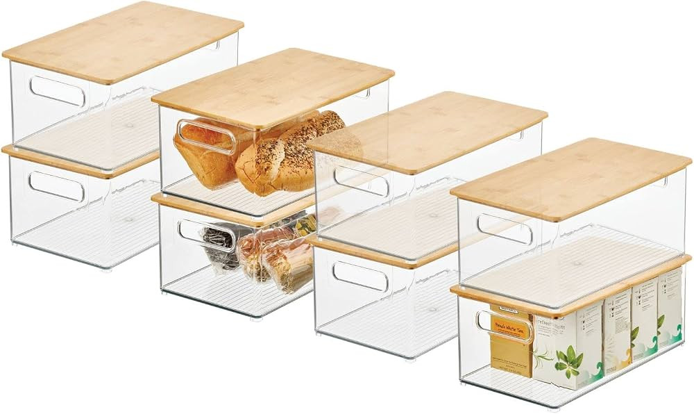 mDesign Plastic Stackable Storage Organizer Container Bin with Handles, Bamboo Wood Lid; for Kitc... | Amazon (US)