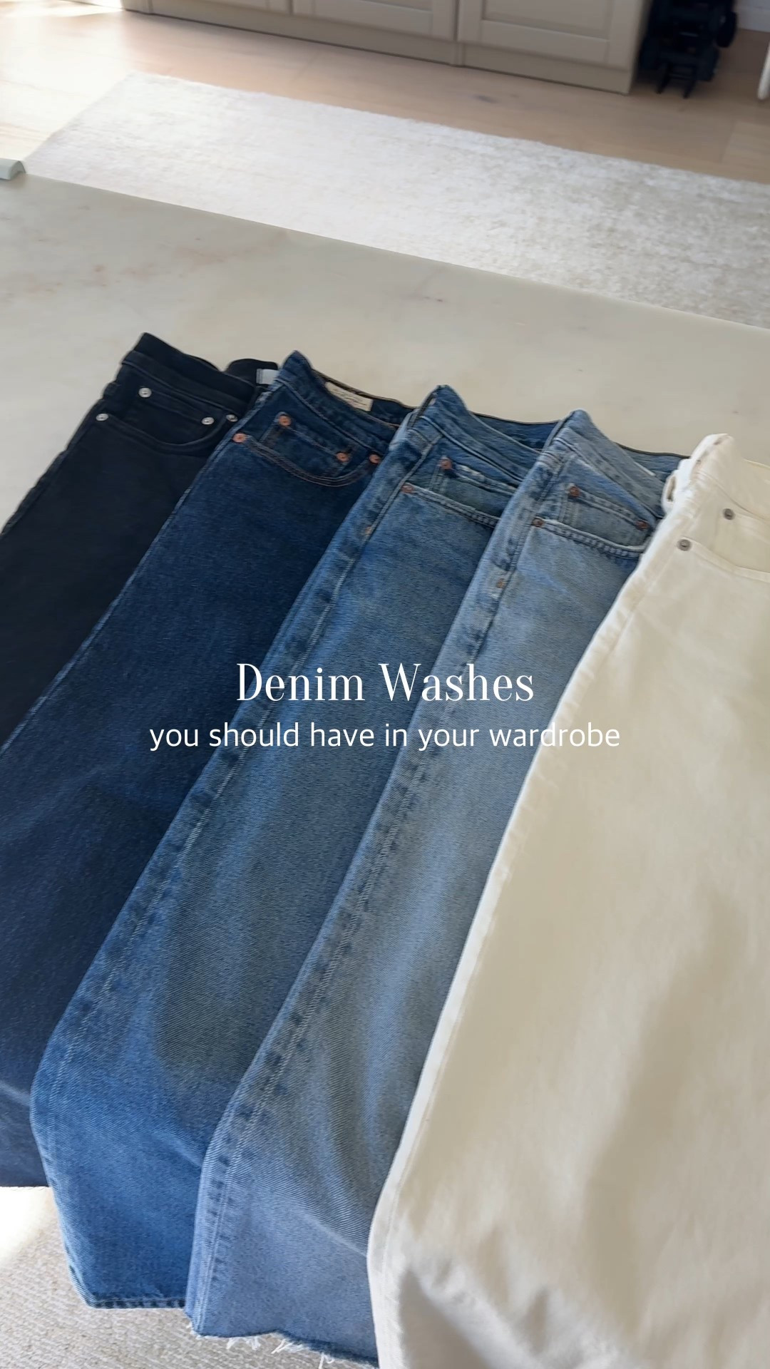 Denim washes you should have in your wardrobe:

White/ecru
Light wash
Medium-Dark fade everyday 
Dark wash no fade
Faded black

#LTKPetite #LTKmomlife