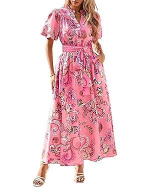 KIRUNDO Women Puff Sleeve Boho Floral Maxi Dress 2025 Spring Summer Button Shirt V Neck Flowy Bel... | Amazon (US)