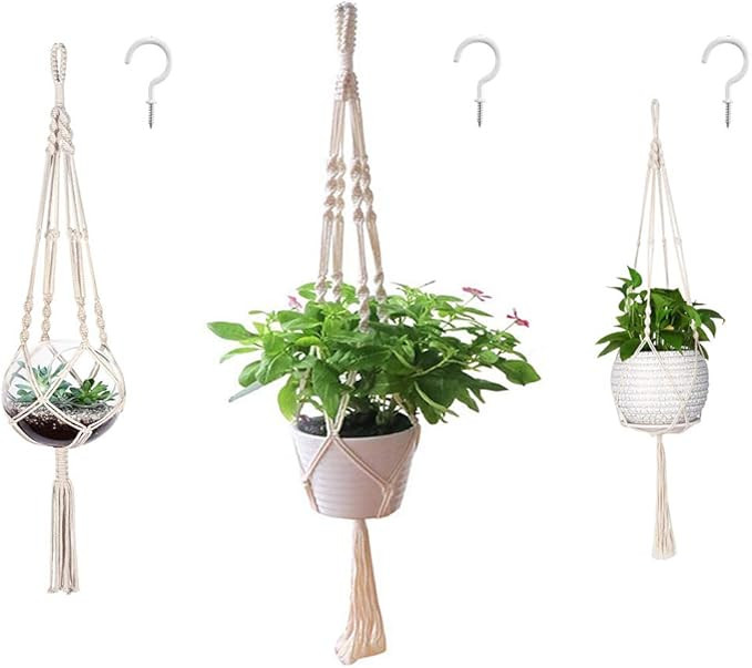 AOMGD 3 Pack Macrame Plant Hanger and 3 PCS Hooks Indoor Outdoor Hanging Plant Holder Hanging Pla... | Amazon (US)