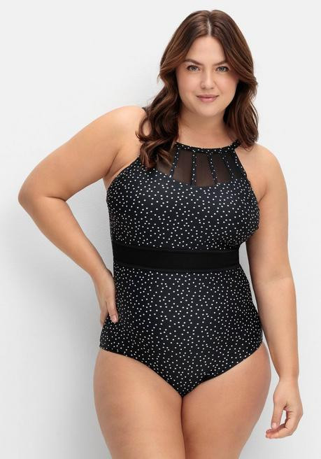 Badeanzug mit raffiniertem Ausschnitt - schwarz gepunktet | sheego | sheego (DE)