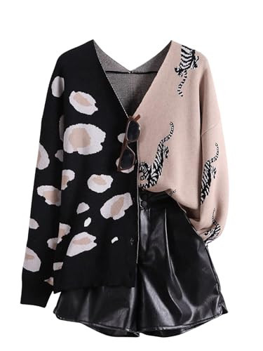 FUVYKOL Leopard Cardigan for Women Tiger Print Button Down Color Block V Neck Sweaters Long Sleeve Lightweight Outwear Black XS | Amazon (US)