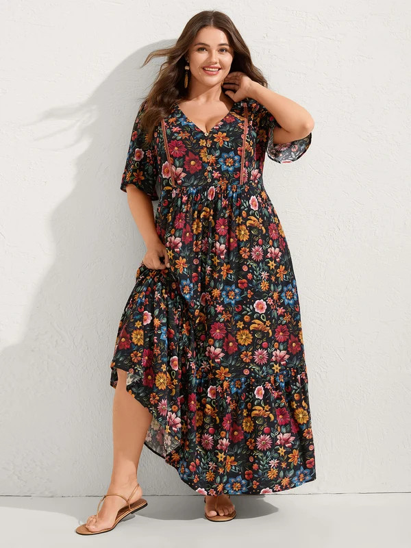 Rayon Floral Lace Trim Button Maxi Dress | Bloomchic
