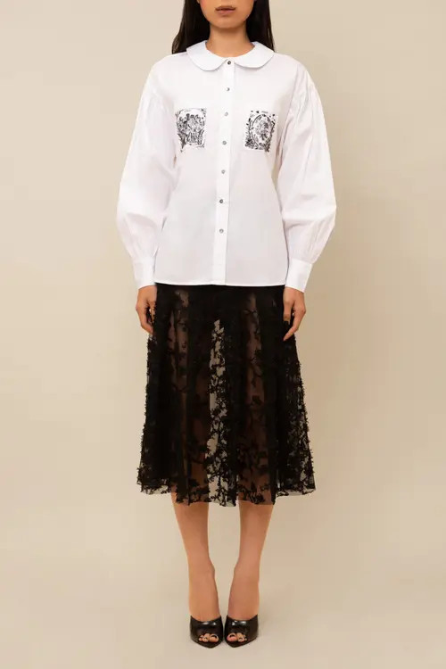 Contessa Mills Tarot Embroidered Beaded Poplin Oxford Shirt in White at Nordstrom, Size Xx-Small | Nordstrom