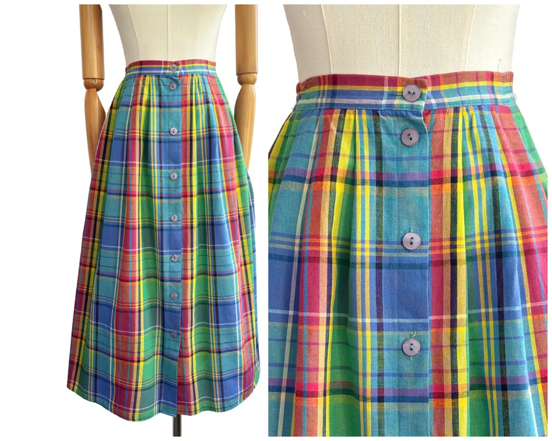 Vintage 1980s Colourful Madras Check Plaid Tartan Cotton Button Front Midi Skirt Pink Green Yello... | Etsy (Global)