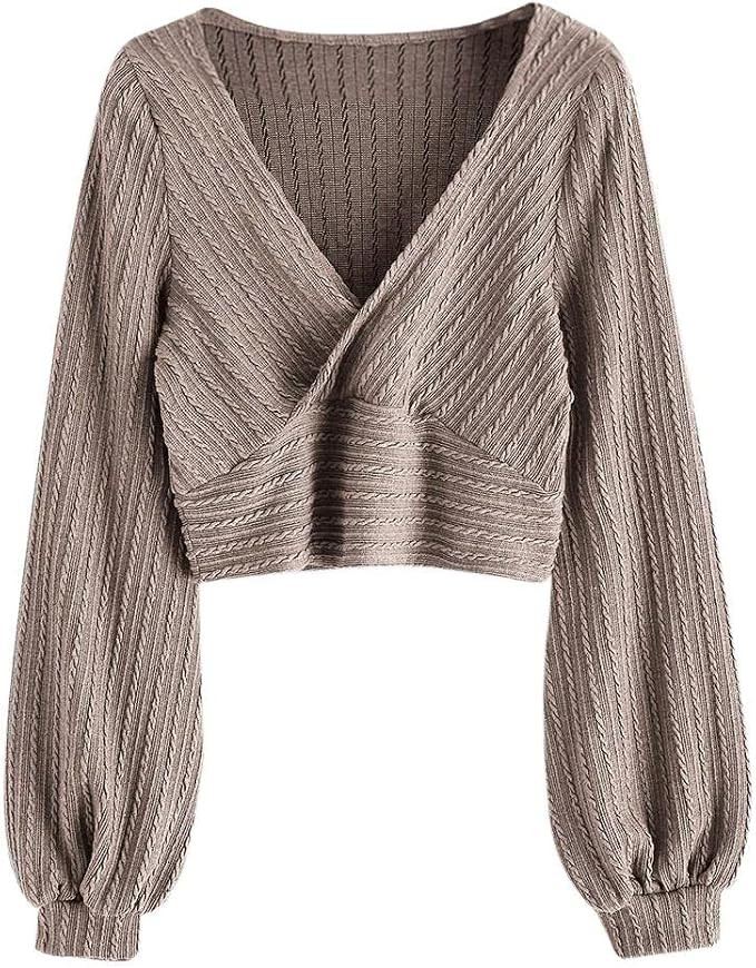 ZAFUL Women's Pullover Ribbed Cropped Knitwear Drawstring Ruched Knitted Crop Top Solid V-Neck Lo... | Amazon (US)