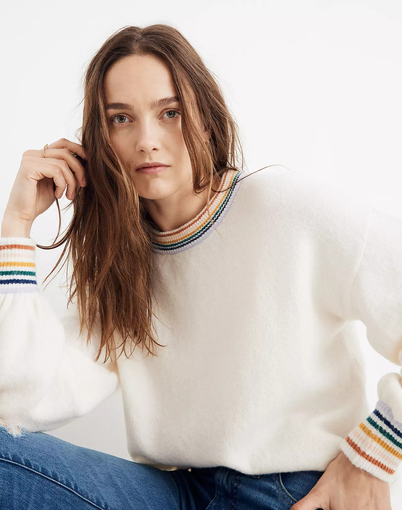 Rainbow-Trim Gladwell Balloon-Sleeve Pullover Sweater | Madewell