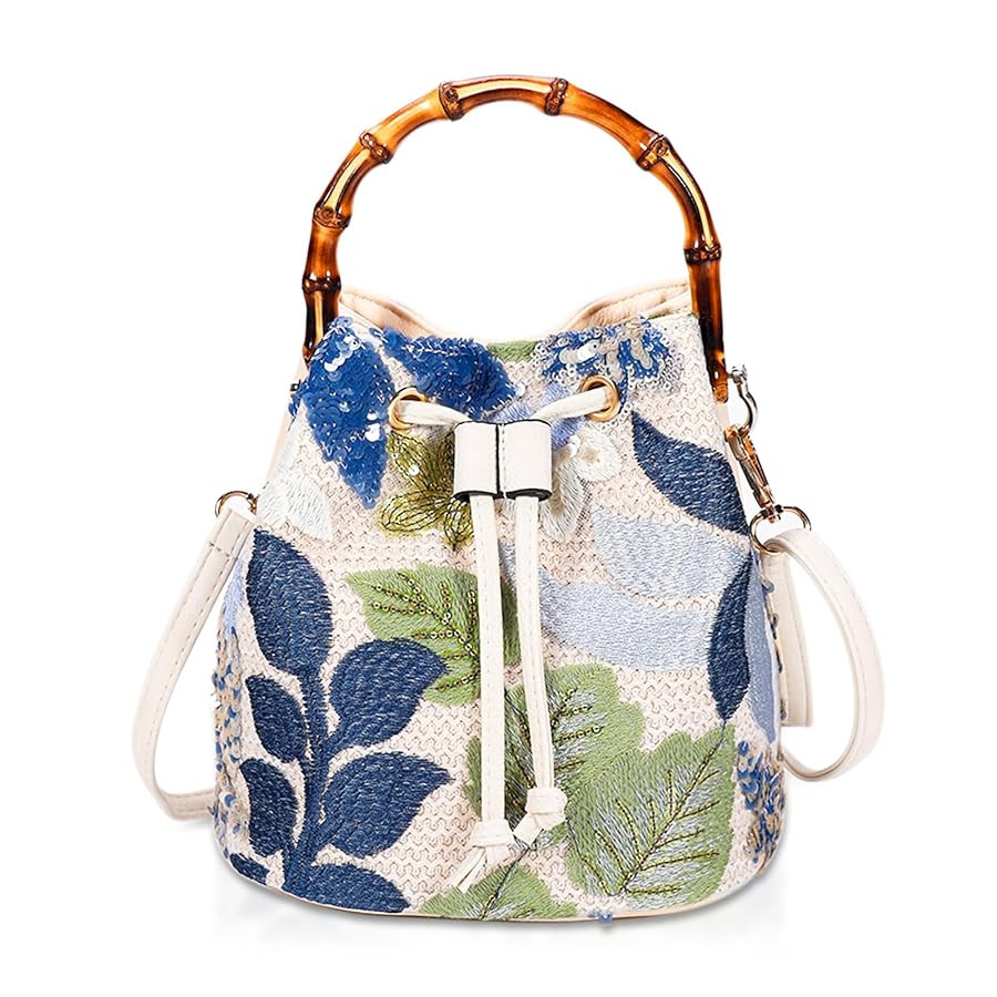 Crossbody Bags for Women, Beach Bag, Hand Embroidered Tot Bag, Natural Bamboo carry handle Bucket... | Amazon (US)