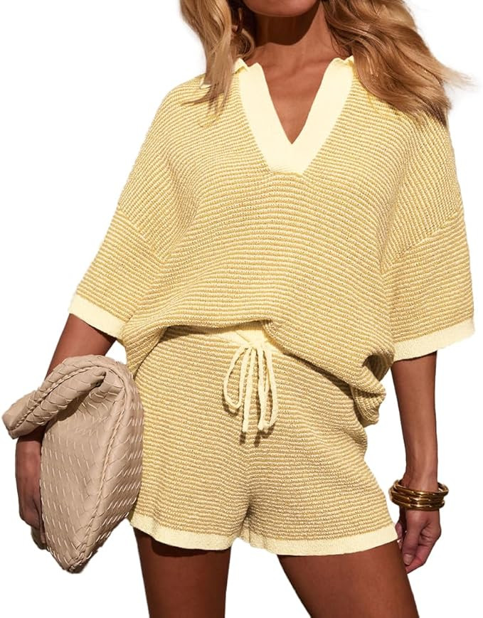 Womens Crochet Short Sets 2 Piece Outfits Half Sleeve V Neck Knit Top High Waisted Shorts Striped... | Amazon (US)