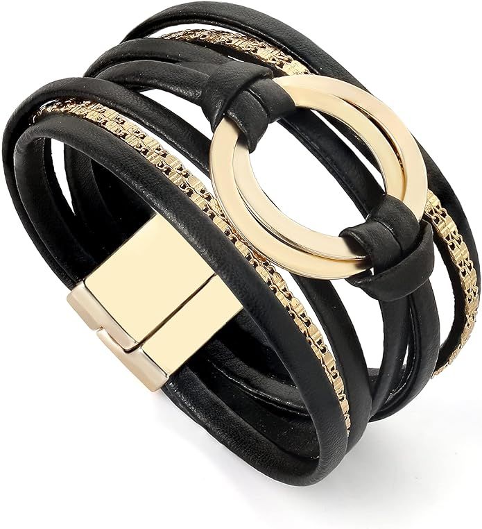 FuZhiBang Circle Charm Leather Wrap Bracelet for Women Boho Gold Metal Circle Cuff Bracelets Laye... | Amazon (US)