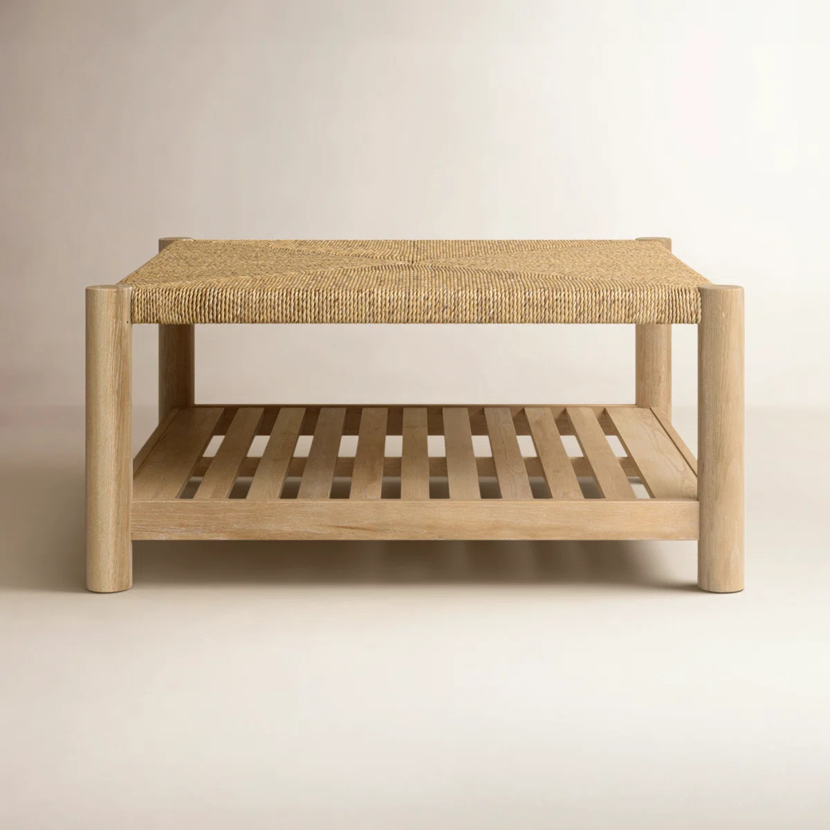 Lana Square Cocktail Table with Natural Woven Top and Slatted Storage Shelf | Wayfair North America