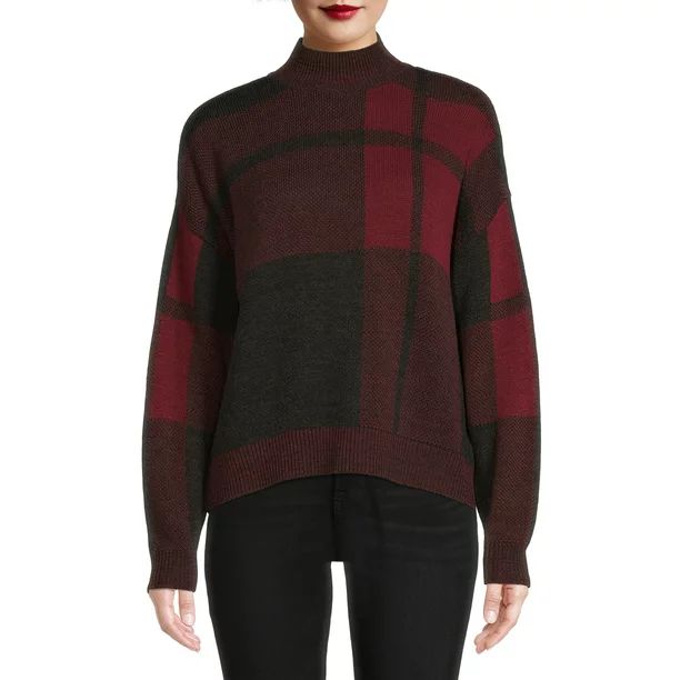 Time and Tru Women's Plaid Mock Neck Sweater | Walmart (US)