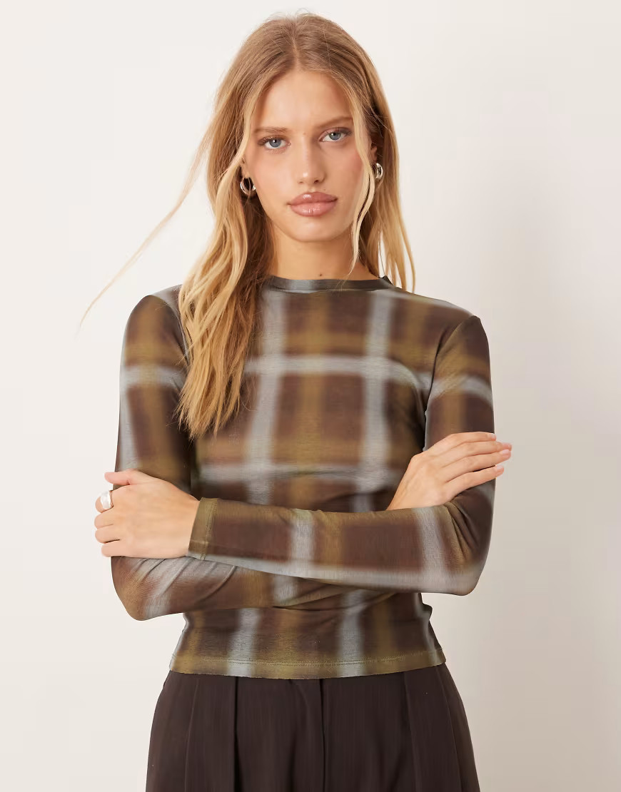 ASOS DESIGN gauzy sheer plaid printed long sleeve top in olive-Green | ASOS (Global)