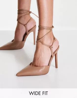 ASOS DESIGN Wide Fit Prize tie leg high heeled shoes in beige | ASOS (Global)
