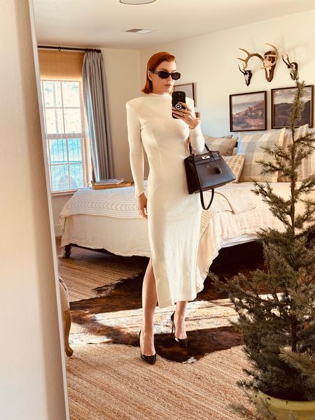 I grabbed this winter white dress for our New York trip but we ended up staying in one night so I didn’t wear it. The sleeves come to a point over your hand and the shoulder pads are so flattering. This is definitely a 🔥 dress and it layers well under coats for a more modest look. 
I got an XS but need to exchange for a S. 

#LTKwedding #LTKparties #LTKHoliday