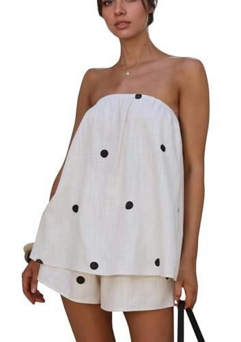 MSBESYOR Women Polka Dot Two Piece Shorts Set Strapless Tube Top Lounge Sets Summer Vacation Resort Travel Outfits | Amazon (US)