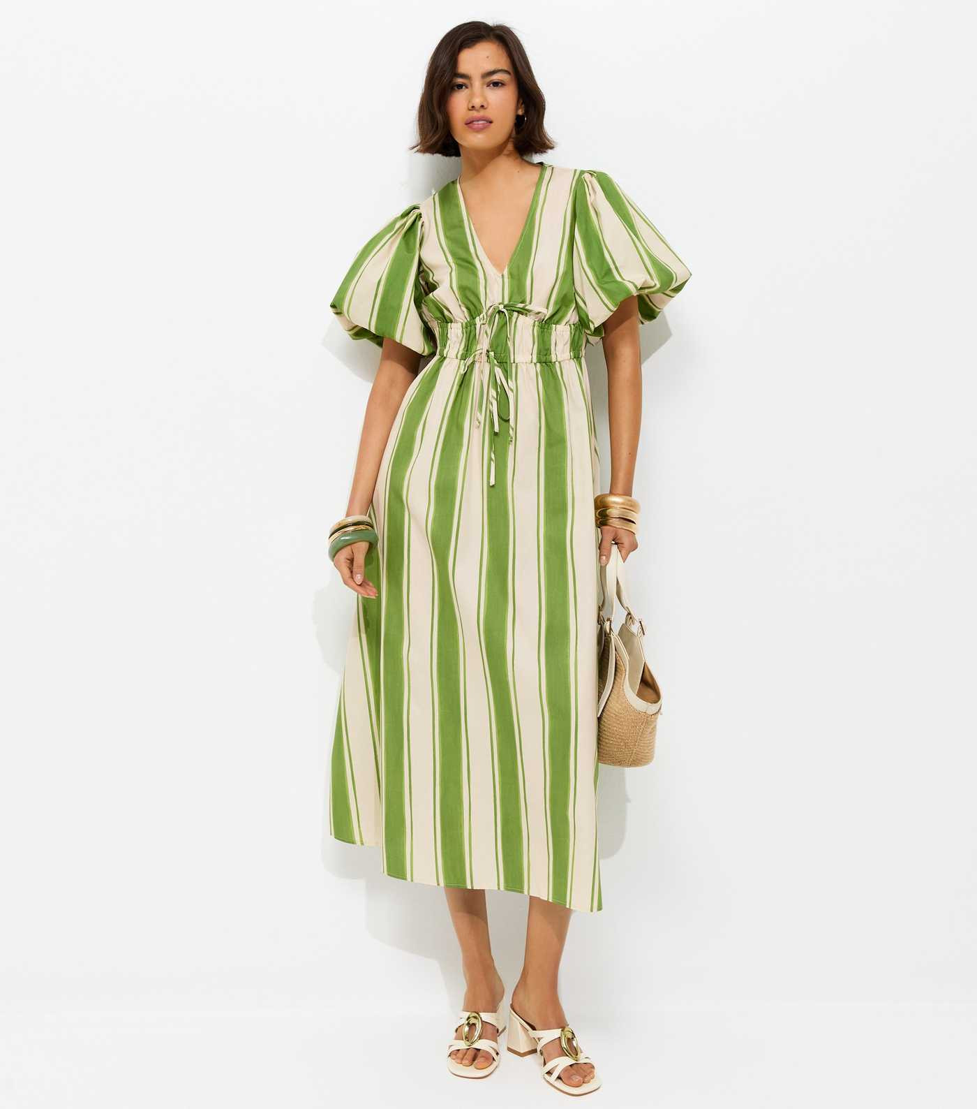 Green Striped Puff Sleeve Midi Dress | New Look | New Look (UK)