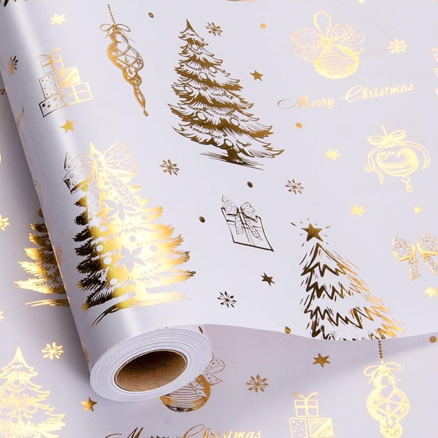 Yarcony White Christmas Wrapping Paper, Gold and White Wrapping Paper, Festive Gold Foil Christma... | Amazon (US)