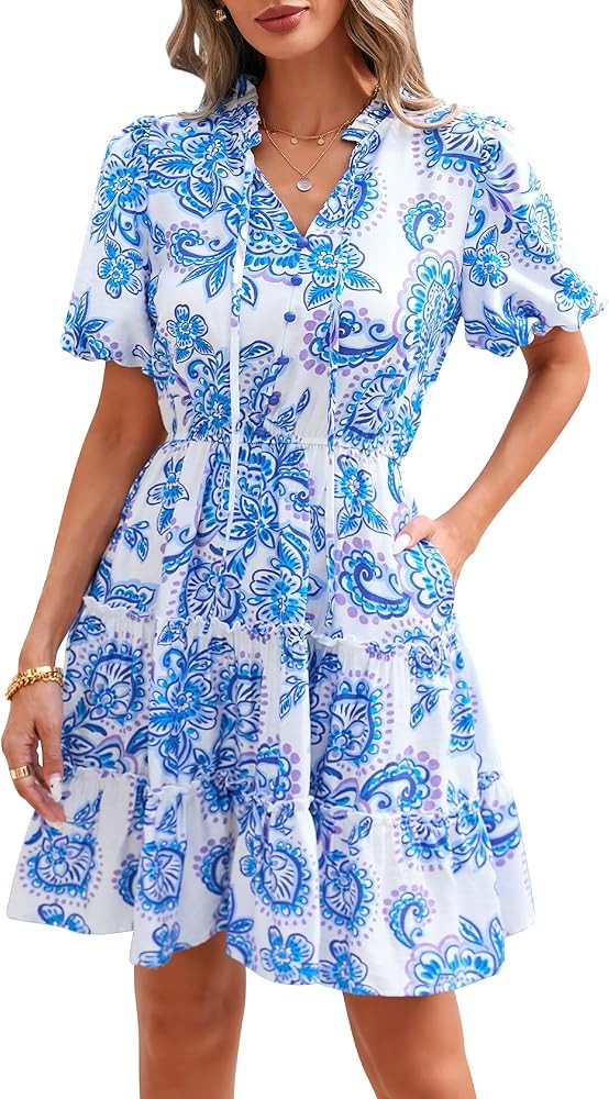 Amazon Summer Dress, Short Sleeve Tiered Ruffle Boho Swing Dress A-Line... | Amazon (US)