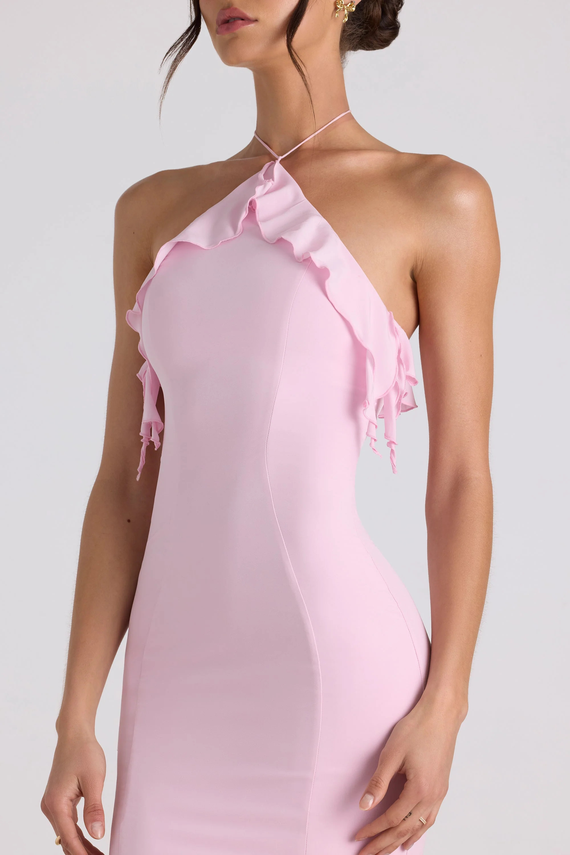 Ruffle-Trim Halterneck Gown in Soft Pink | Oh Polly