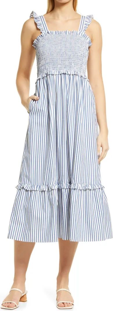 Smocked Stripe Sleeveless Poplin Midi DressDRAPER JAMES | Nordstrom