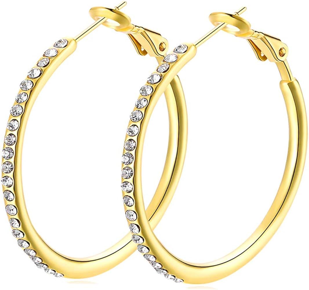 Hoop Earrings, Stainless Steel Hoop Earrings for Women Girls CZ Cubic Zirconia Rhinestone Fashion... | Amazon (US)