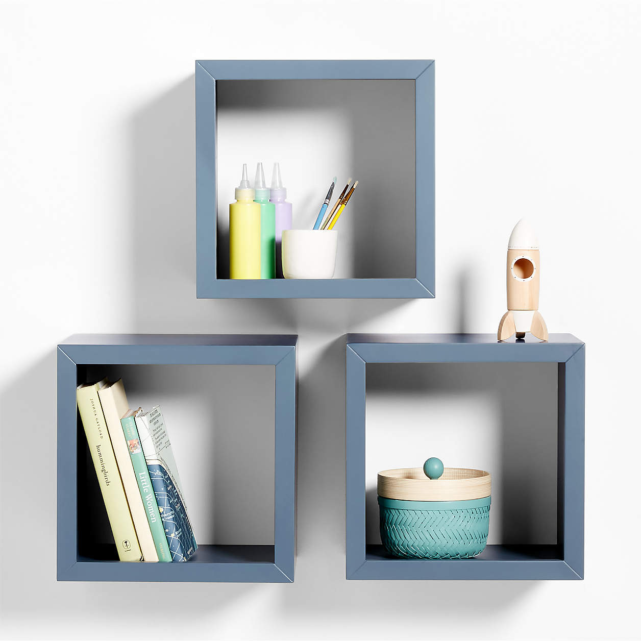 Ever Simple Slate Blue Wood Floating Cube Shelves, Set of 3 + Reviews | Crate & Kids | Crate & Barrel
