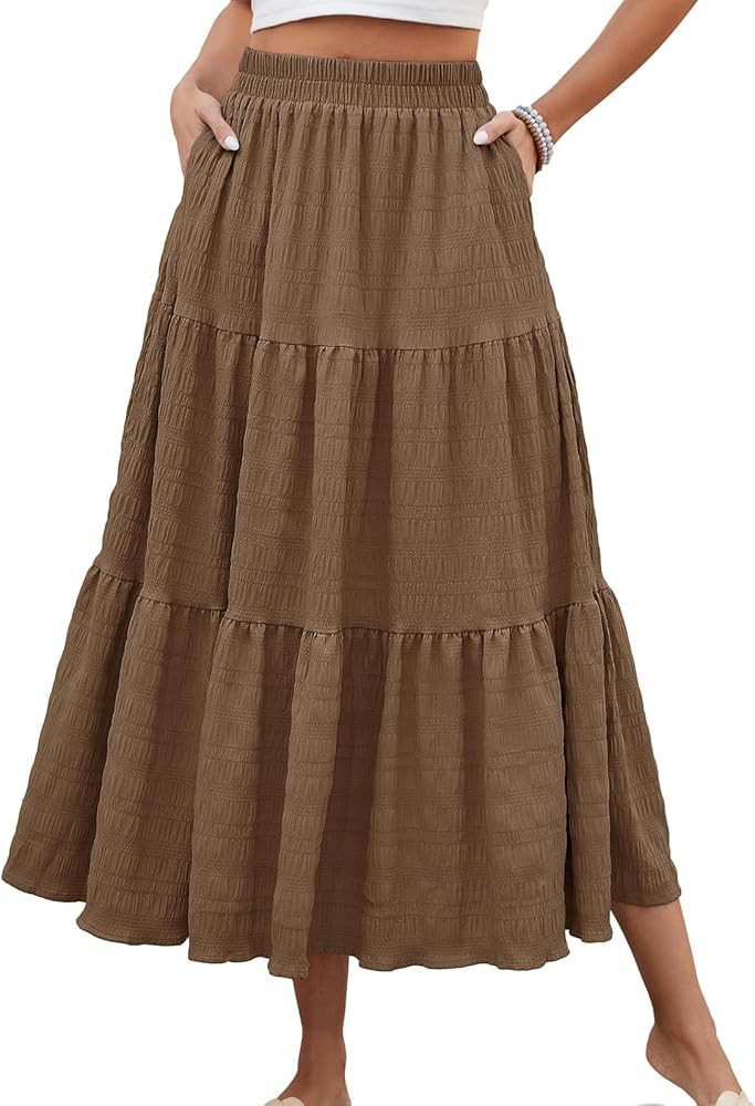 HUSKARY Women's Summer Casual Elegant Smock Layered Tiered Maxi Skirt High Waisted A Line Flowy L... | Amazon (CA)
