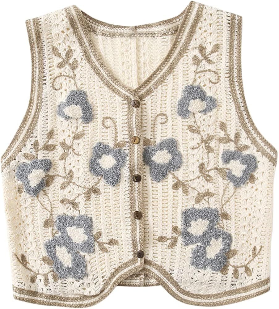 Romwe Women's Floral Sweater Vest V Neck Button Down Crop Cardigan Outwear | Amazon (US)