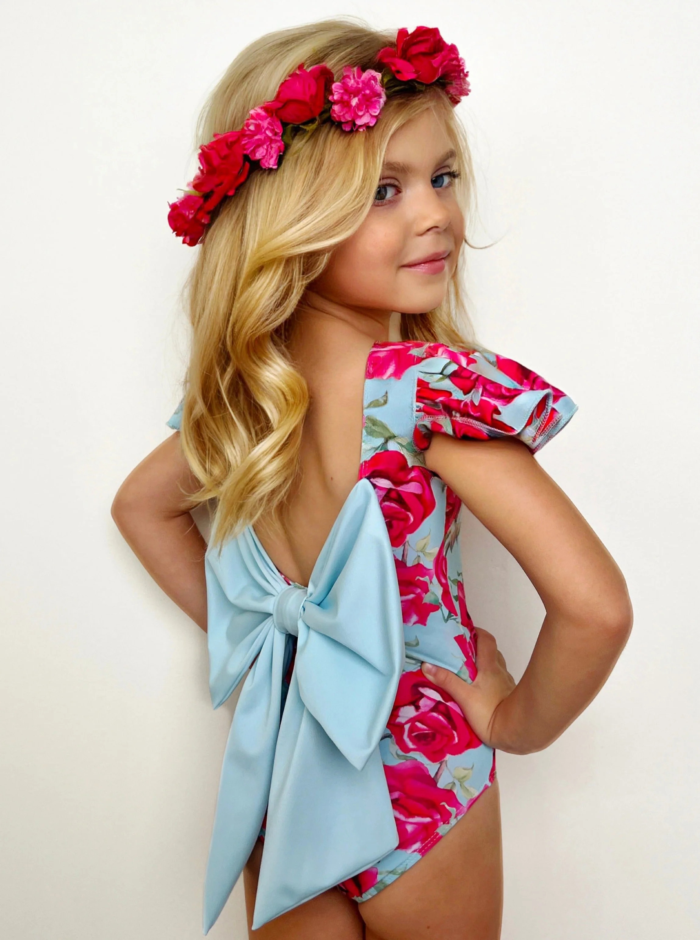 Sun-Kissed Blooms Flutter Sleeve Floral One Piece Swimsuit | Mia Belle Girls