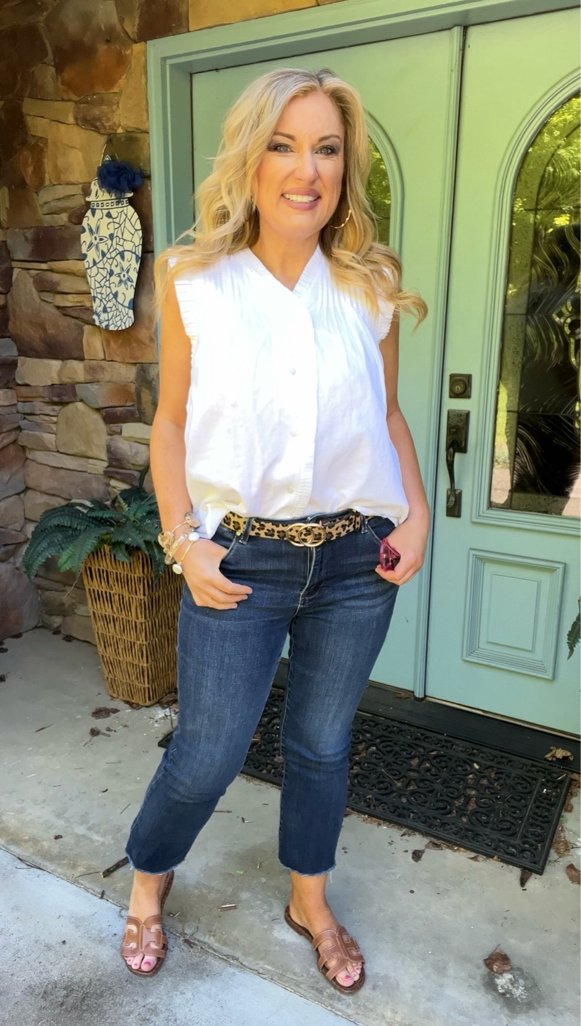 Sleeveless white eyelet
Leopard belt
Mom style

#LTKMothersDay #LTKOver40 #LTKMidsize