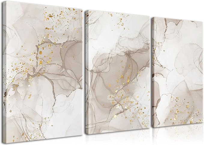 AKWISH Framed Set of 3 Beige Gold Gray Marble Canvas Wall Art Prints, Water Shape Flow Wall Decor... | Amazon (US)