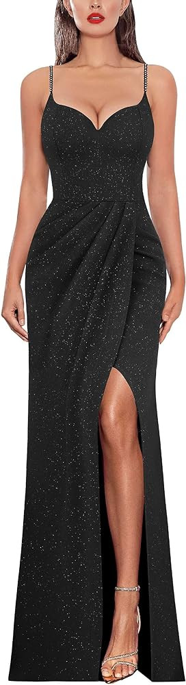 VFSHOW Womens Sexy Formal Ruched Fitted High Slit Bodycon Maxi Dress Spaghetti Strap Sweetheart C... | Amazon (US)