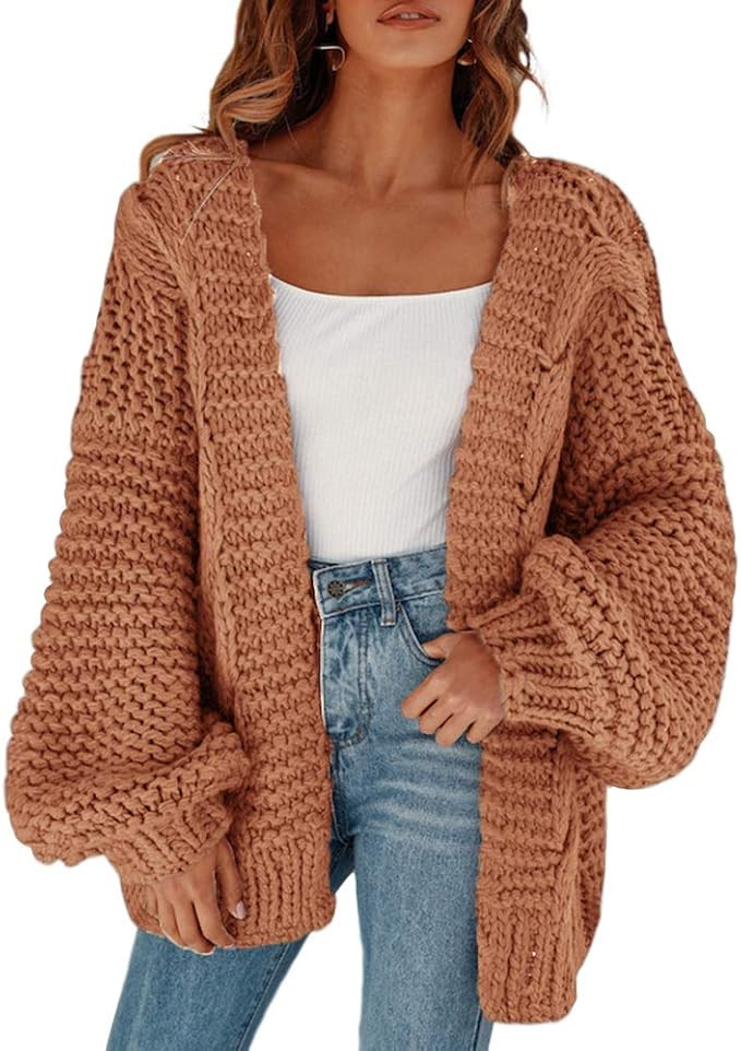 Cicy Bell Women's Open Front Chunky Knit Cardigan Loose Lantern Sleeve Oversized Sweater Coats (K... | Amazon (US)